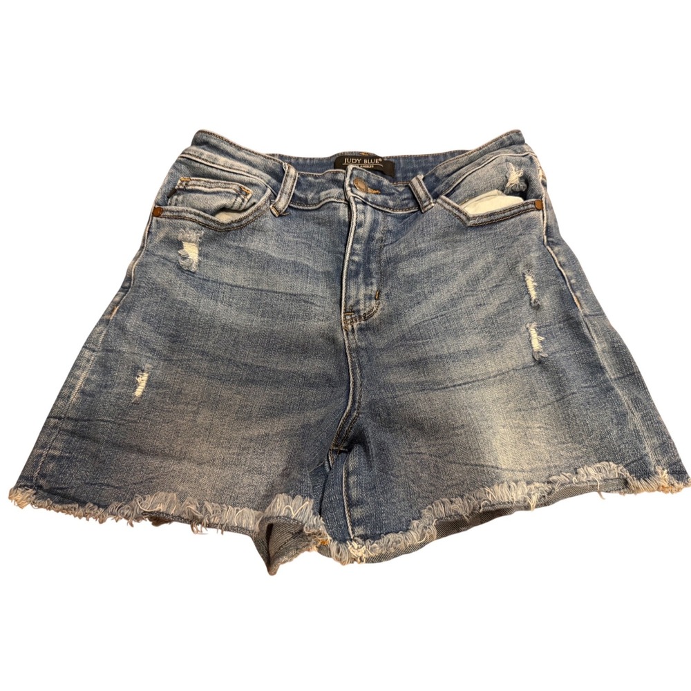 Judy Blue Medium Wash Denim Frayed Raw Hem High Waisted shorts Size M W28